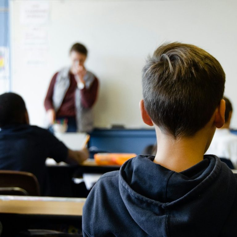 Ein Schüler sitzt im Klassenzimmer, Blick zur Lehrkraft an der Tafel.